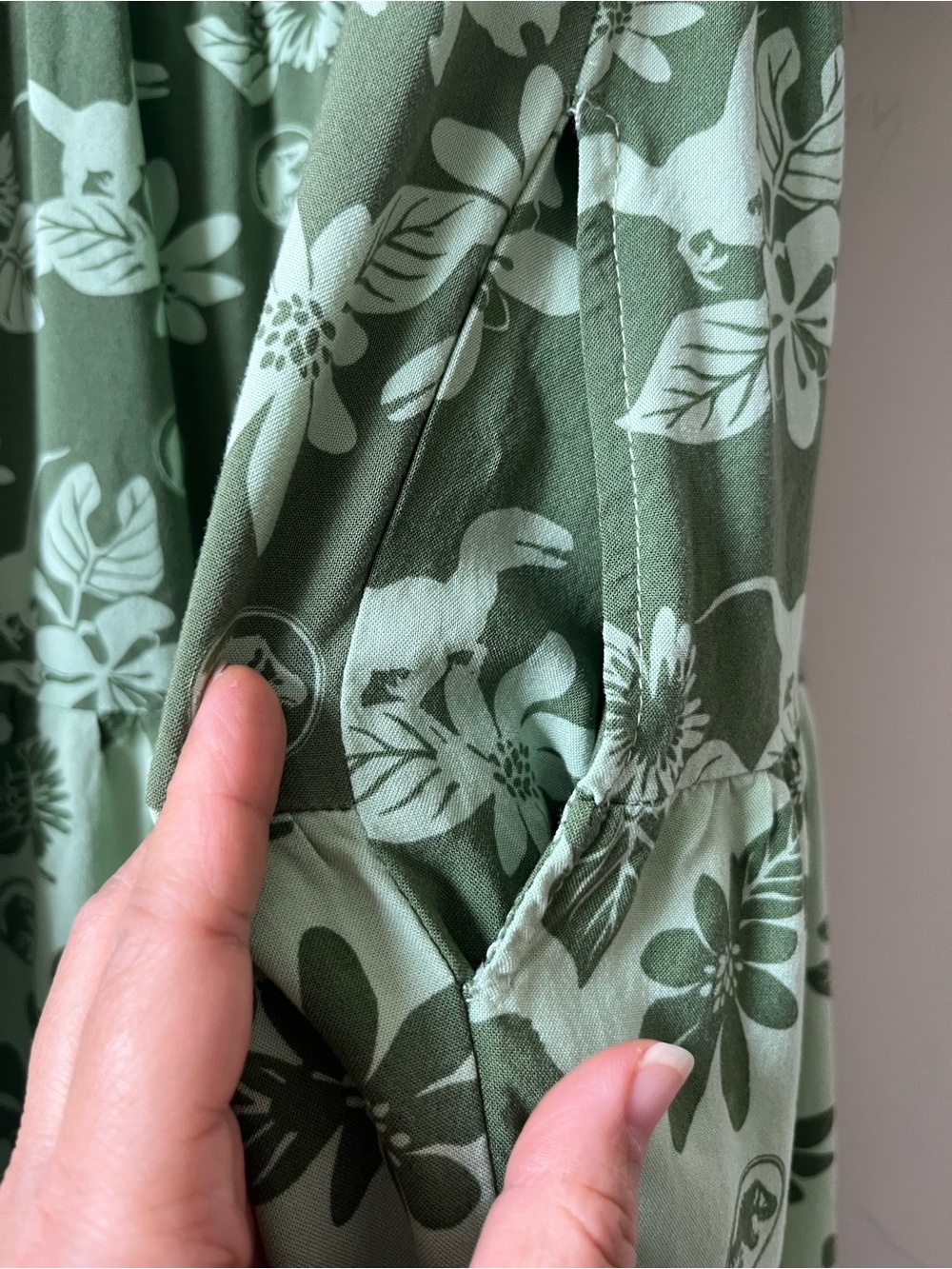 Jurassic Park Smocked Tiered Dress in Green Tropical Print with Velociraptors - Picture 4 of 7